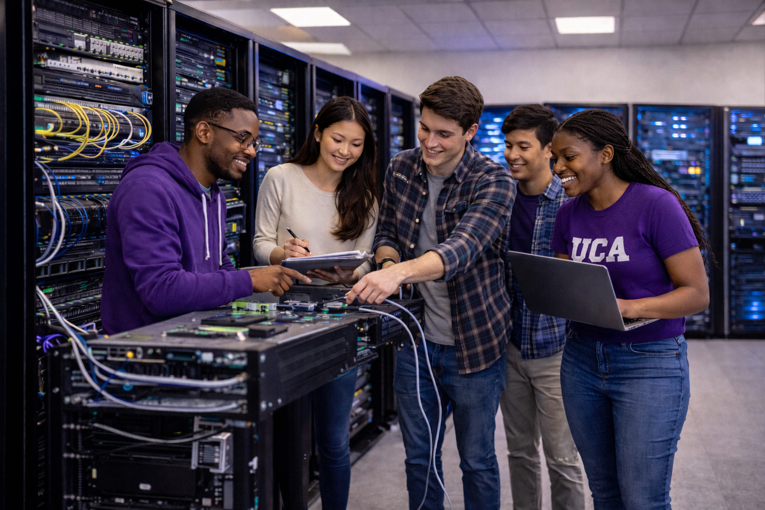 Students collaborating in cybersecurity and computing